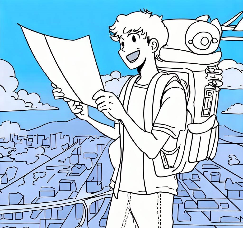illustration backpacker holding a map, standing on an airplane wing, overlooking a Japanese Tokyo city skyline.
