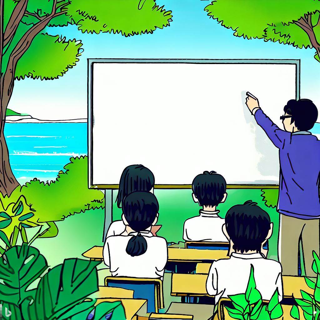 a teacher in Japan in front of a whiteboard, surrounded by lush green foliage, with a glimpse of the ocean in the background. The teacher is smiling and gesturing to the board with his back to the class. Illustrated.