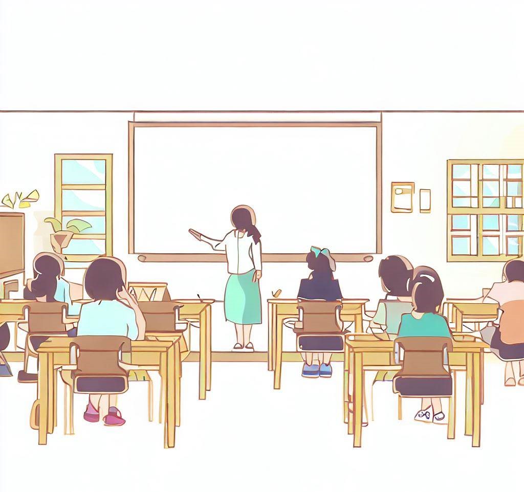 image of a classroom in a Japanese university, with a whiteboard at the front, students sitting at their desks, and a teacher standing in front of the class, engaging with them