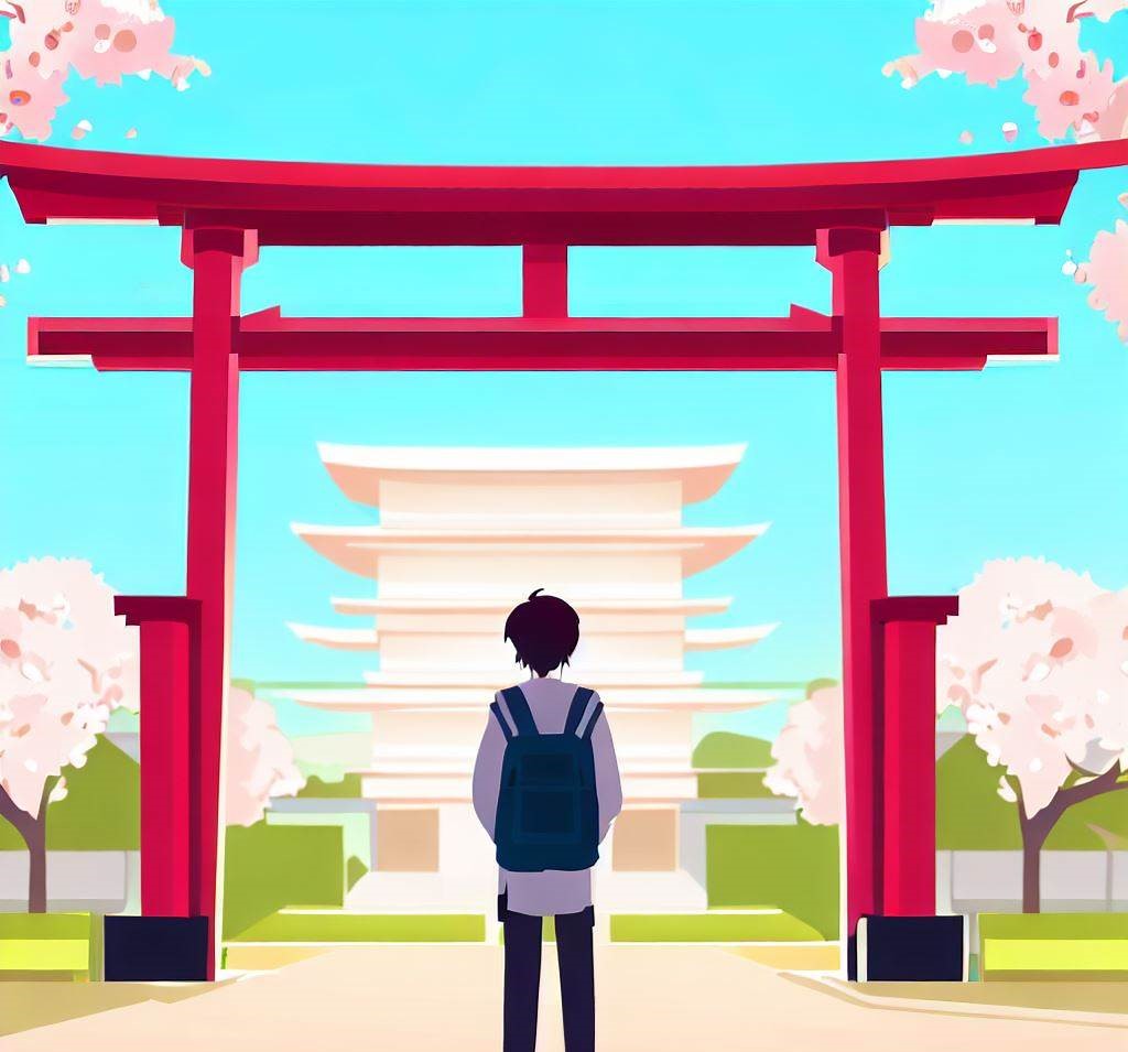 a student standing in front of a traditional Japanese torii gate, with cherry blossom trees in the background and a large university building in the distance