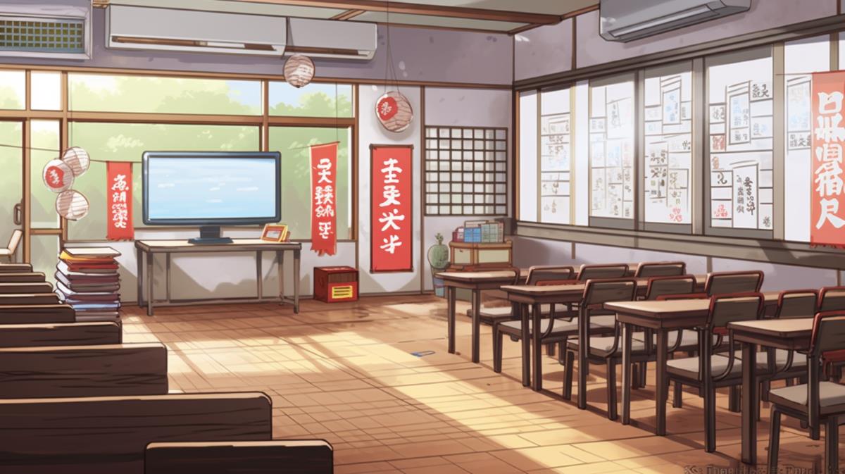 a stylized hybrid fifty fifty japanese and korean classroom