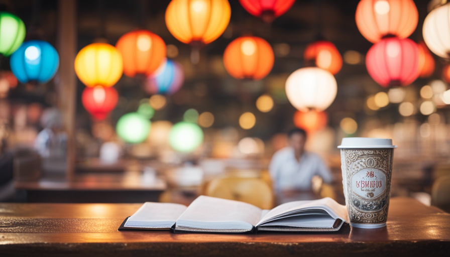 An image of a tranquil cafe in Vietnam, with a steaming bowl of phá»Ÿ next to a stack of English textbooks